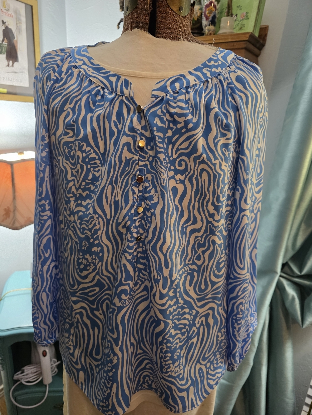 Blue & White Lilly Pulitzer Abstract Print Button-Front Blouse Size Large